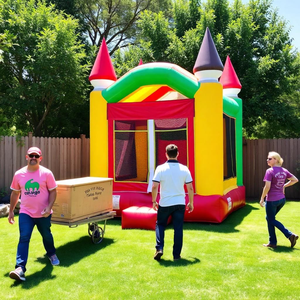 Infinite Bounce House Party Rentals team setting up a bounce house