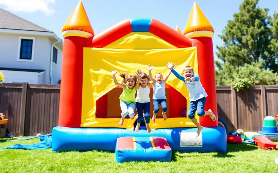 Children laughing and jumping inside a colorful Infinite Bounce House Party Rentals bounce house at an Aurora, IL backyard birthday party